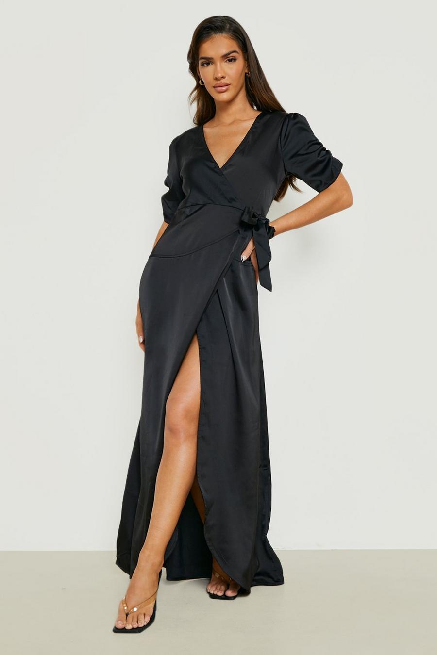 Black Satin Wrap Maxi Dress image number 1