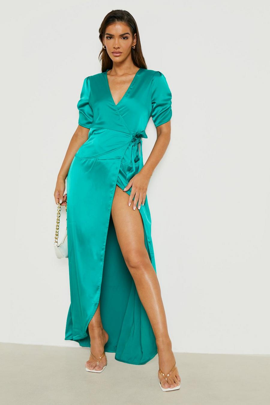 Green Satin Wrap Maxi Dress image number 1