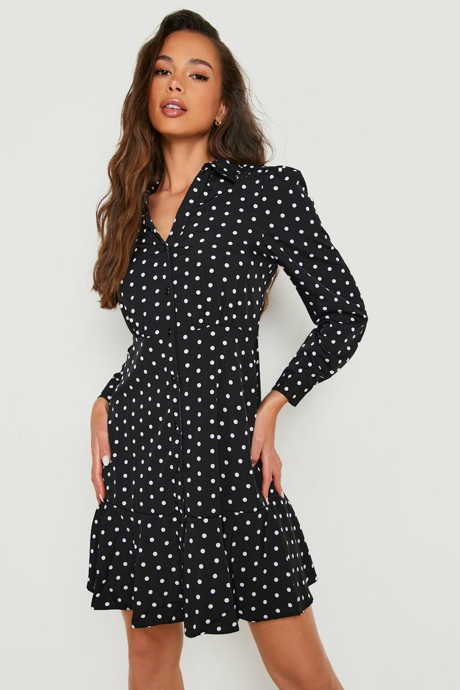 Black Polka Dot Ruffle Hem Shirt Dress image number 1