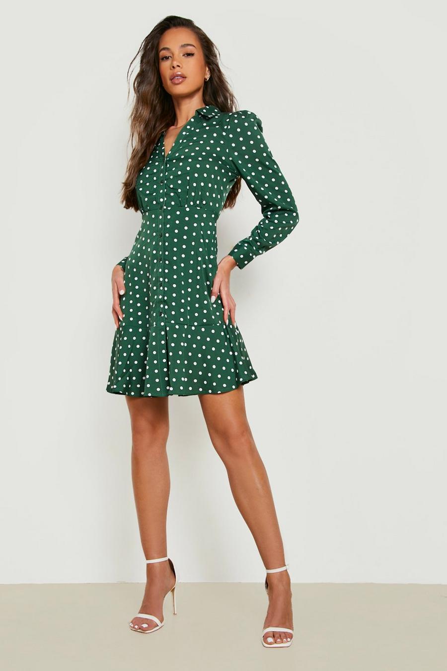 Green Polka Dot Ruffle Hem Shirt Dress image number 1