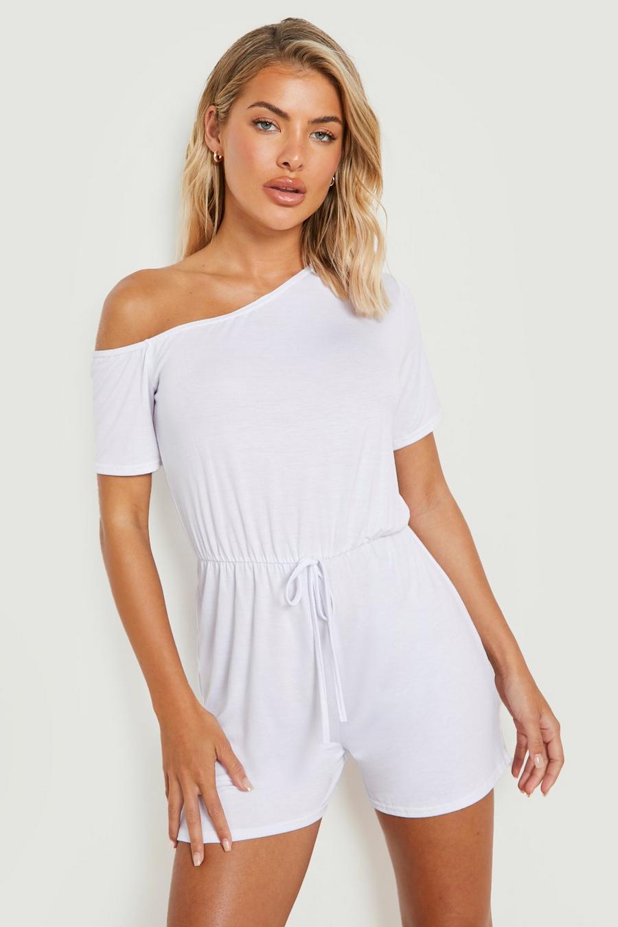 White Jersey Knit Asymmetric Beach Romper image number 1