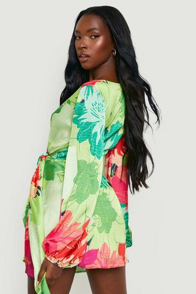 boohoo green Floral Satin Tie Front Dress