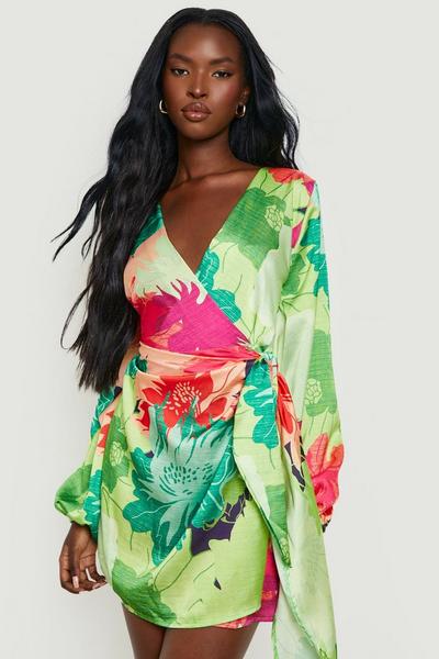 boohoo green Floral Satin Tie Front Dress