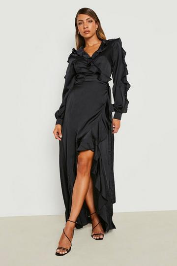 Satin Ruffle Wrap Maxi Dress black