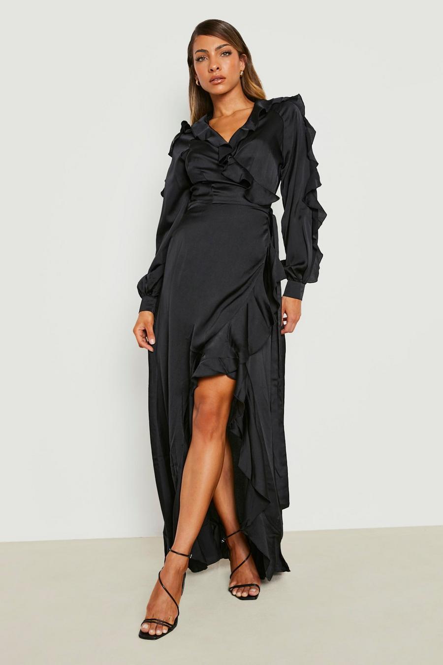 Black Satin Ruffle Wrap Maxi Dress  image number 1