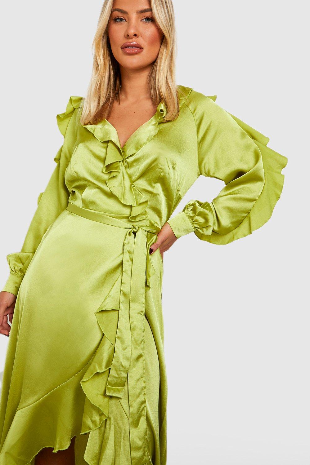 Satin Ruffle Wrap Maxi Dress