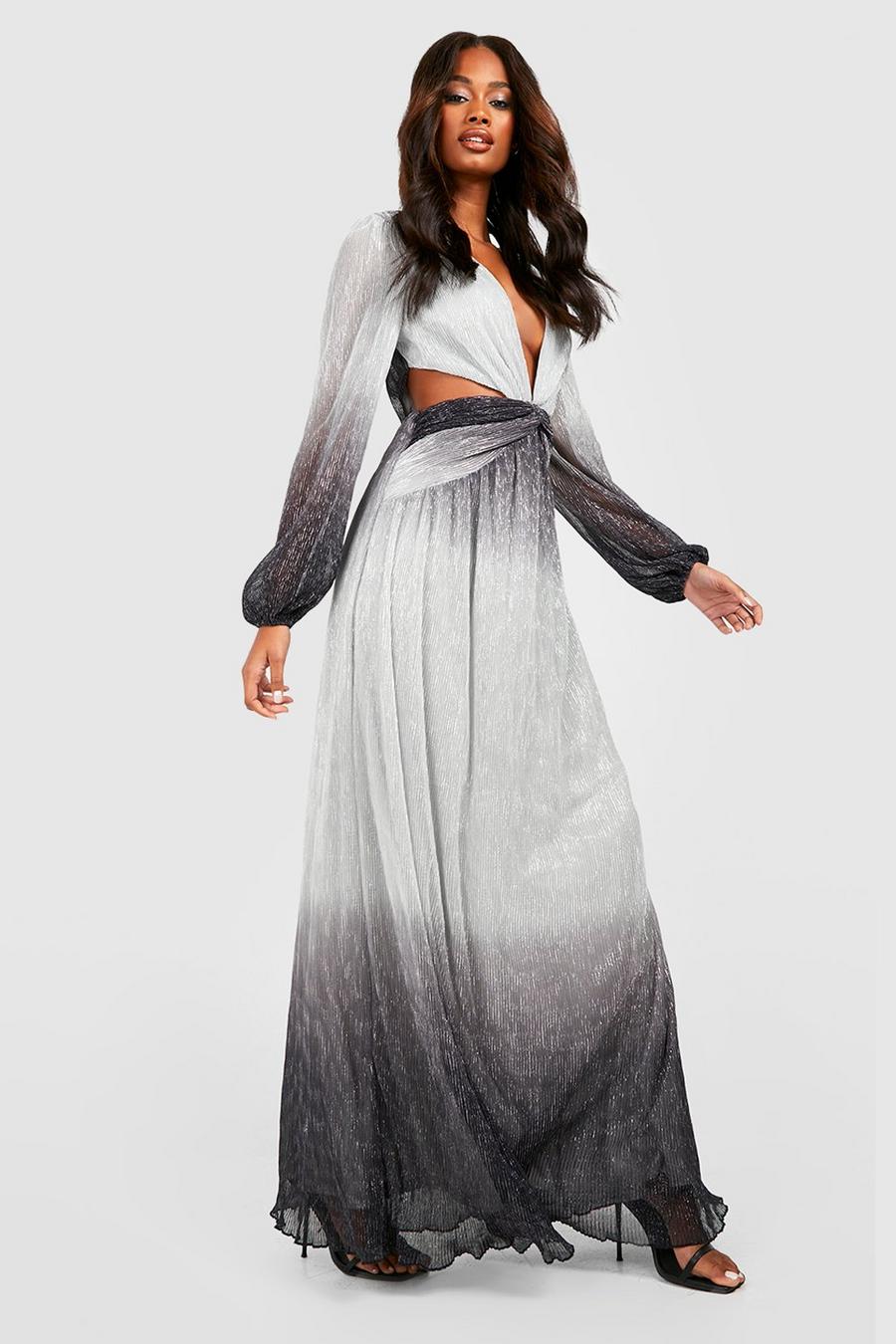 Silver Metallic Cut Out Plunge Maxi Dress image number 1