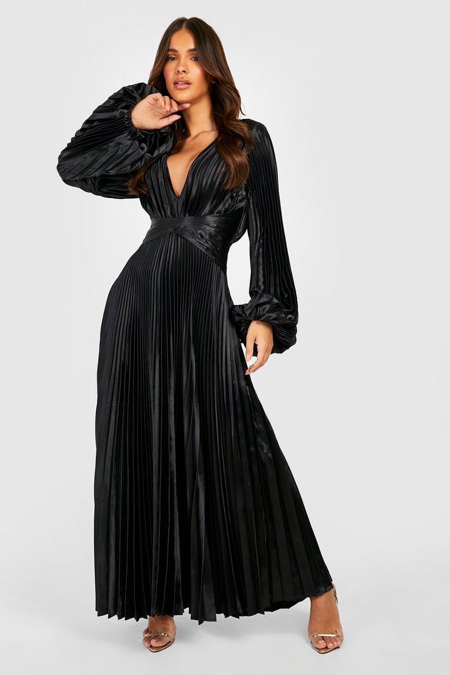 Black svart Pleated Satin Oversized Sleeve Midaxi Dress 