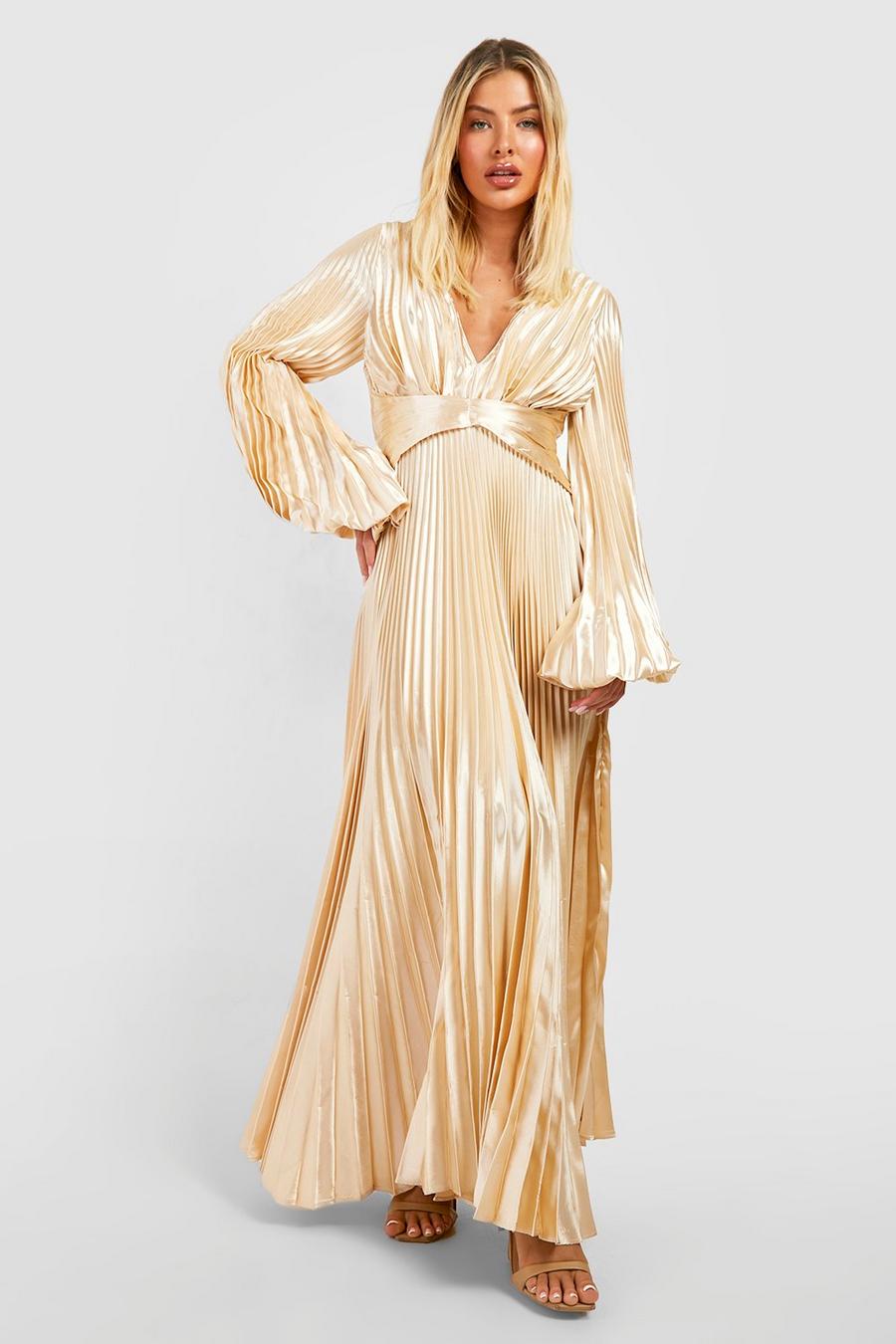 Champagne Pleated Satin Oversized Sleeve Midaxi Dress  image number 1