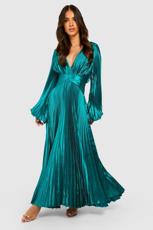 Pleated Satin Oversized Sleeve Midi Dress | boohoo
