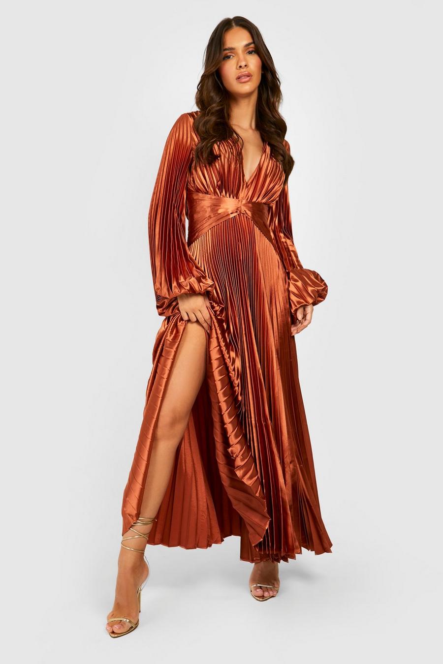 Rust Pleated Satin Oversized Sleeve Midaxi Dress  image number 1