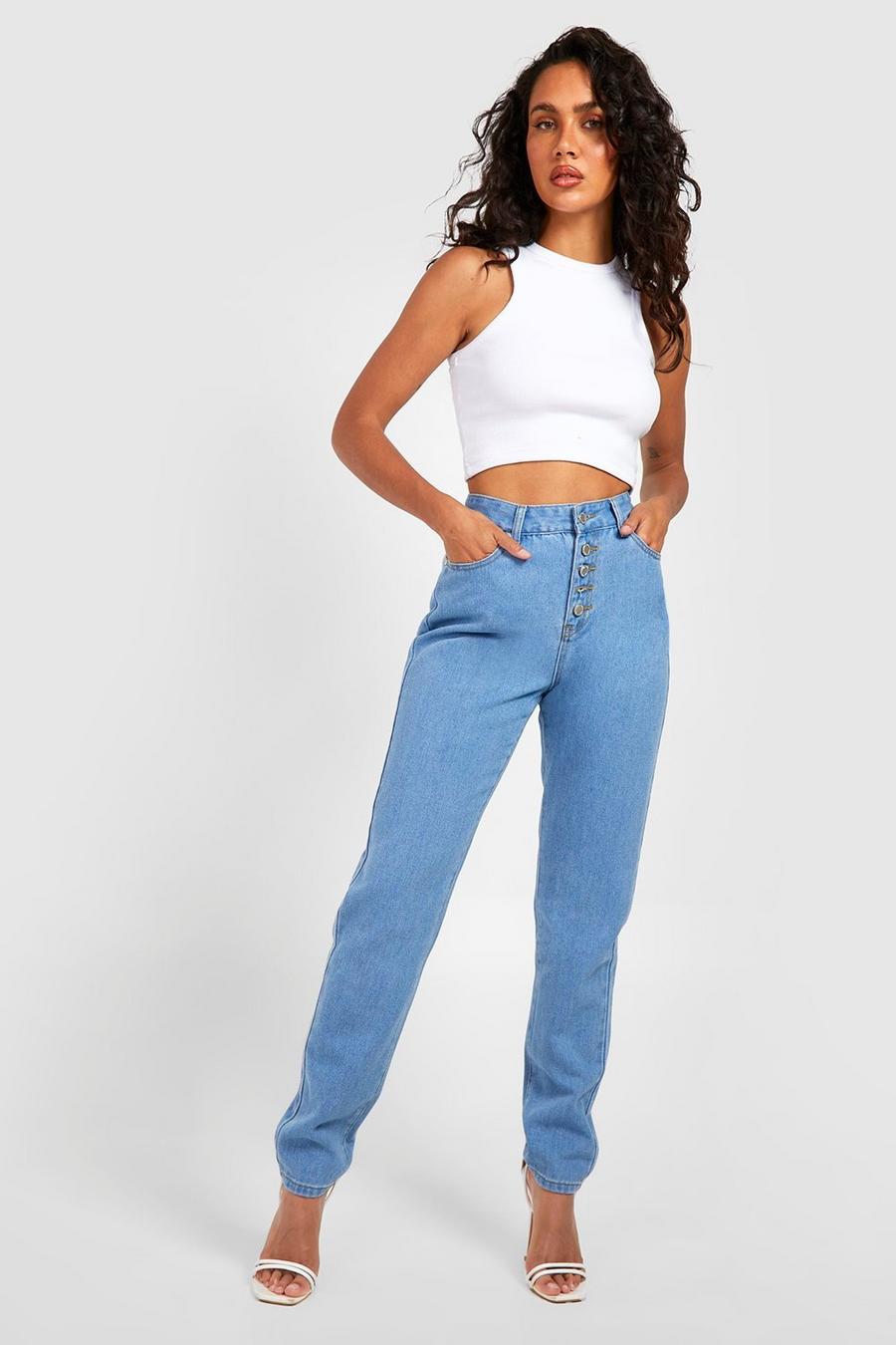Light wash Basics High Waisted Button Front Mom Jeans image number 1
