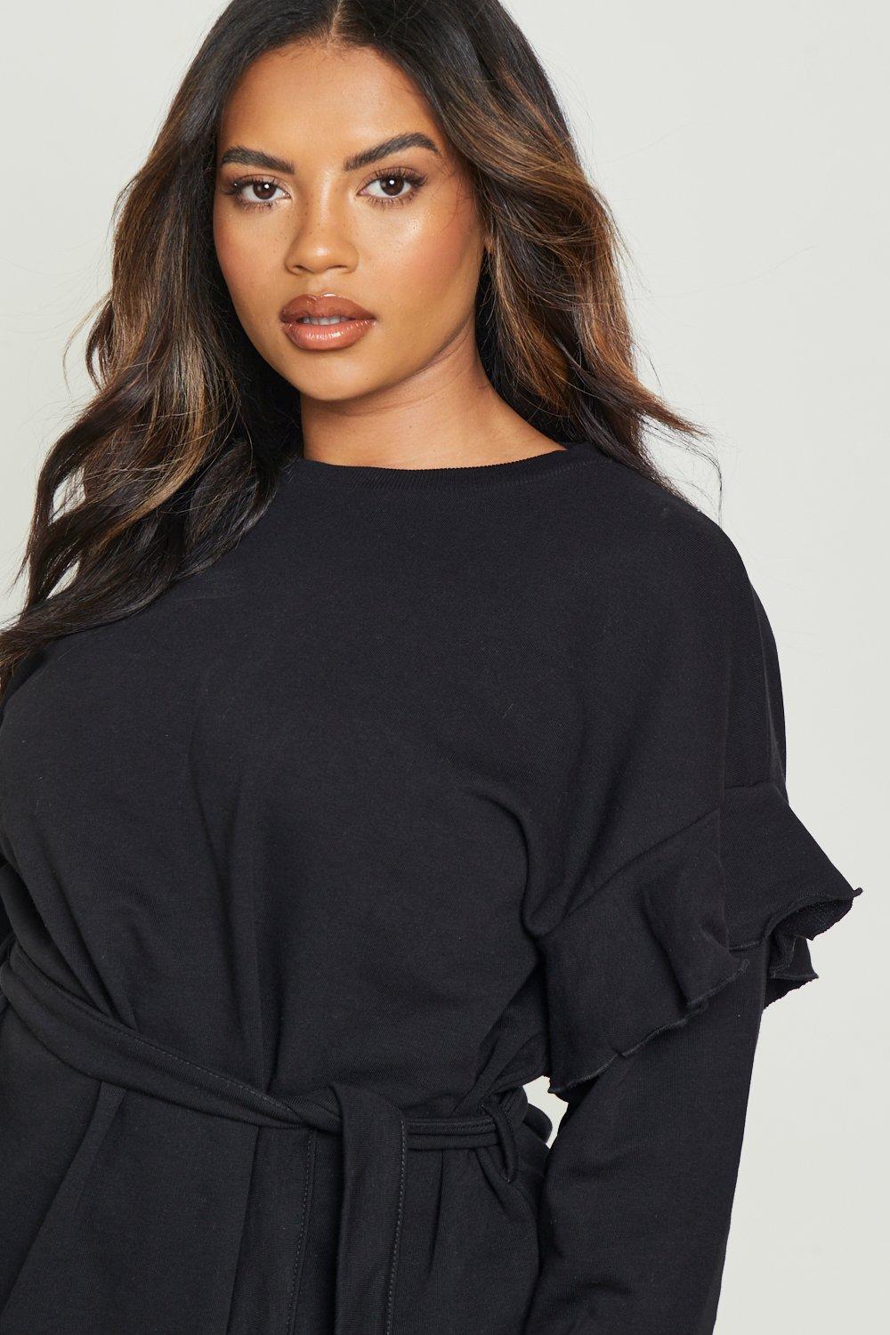 Plus Tie Waist Ruffle Sweatshirt Dress boohoo USA