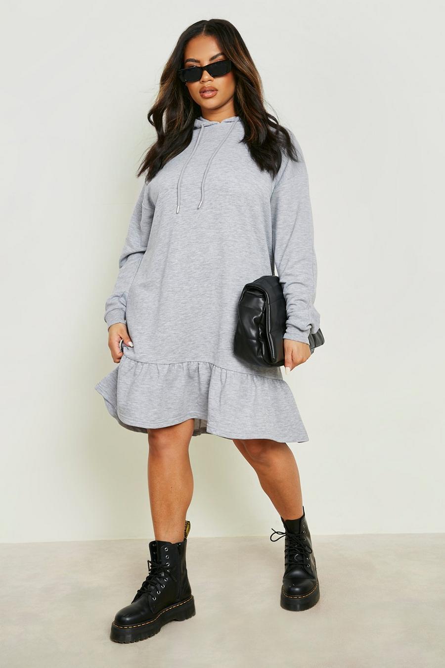 Grey Plus Ruffle Hooded Sweatshirt Dress