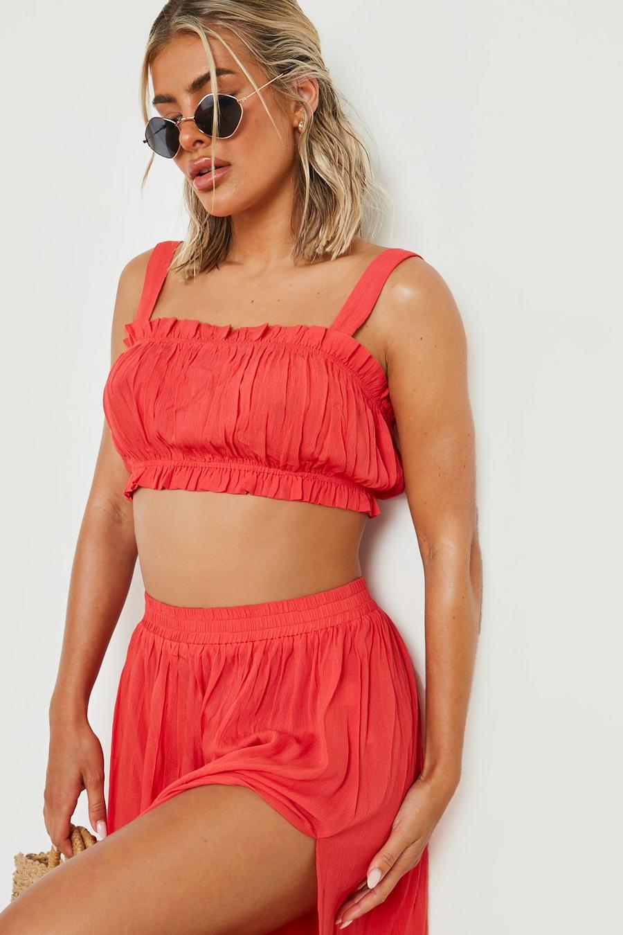 Red Cheesecloth Crop Maxi Skirt Beach Coord