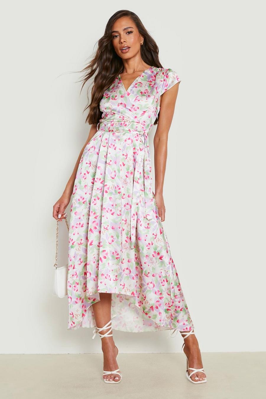 Pink Cap Sleeve Tie Waist Floral Midi Dress image number 1