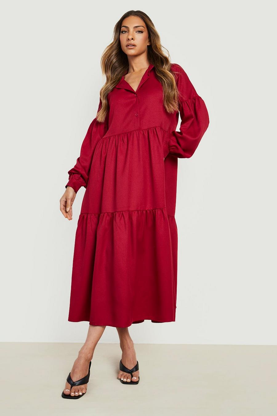 Berry rouge Tiered Midaxi Shirt Dress