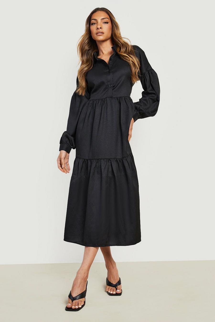 Black Tiered Midi Shirt Dress image number 1
