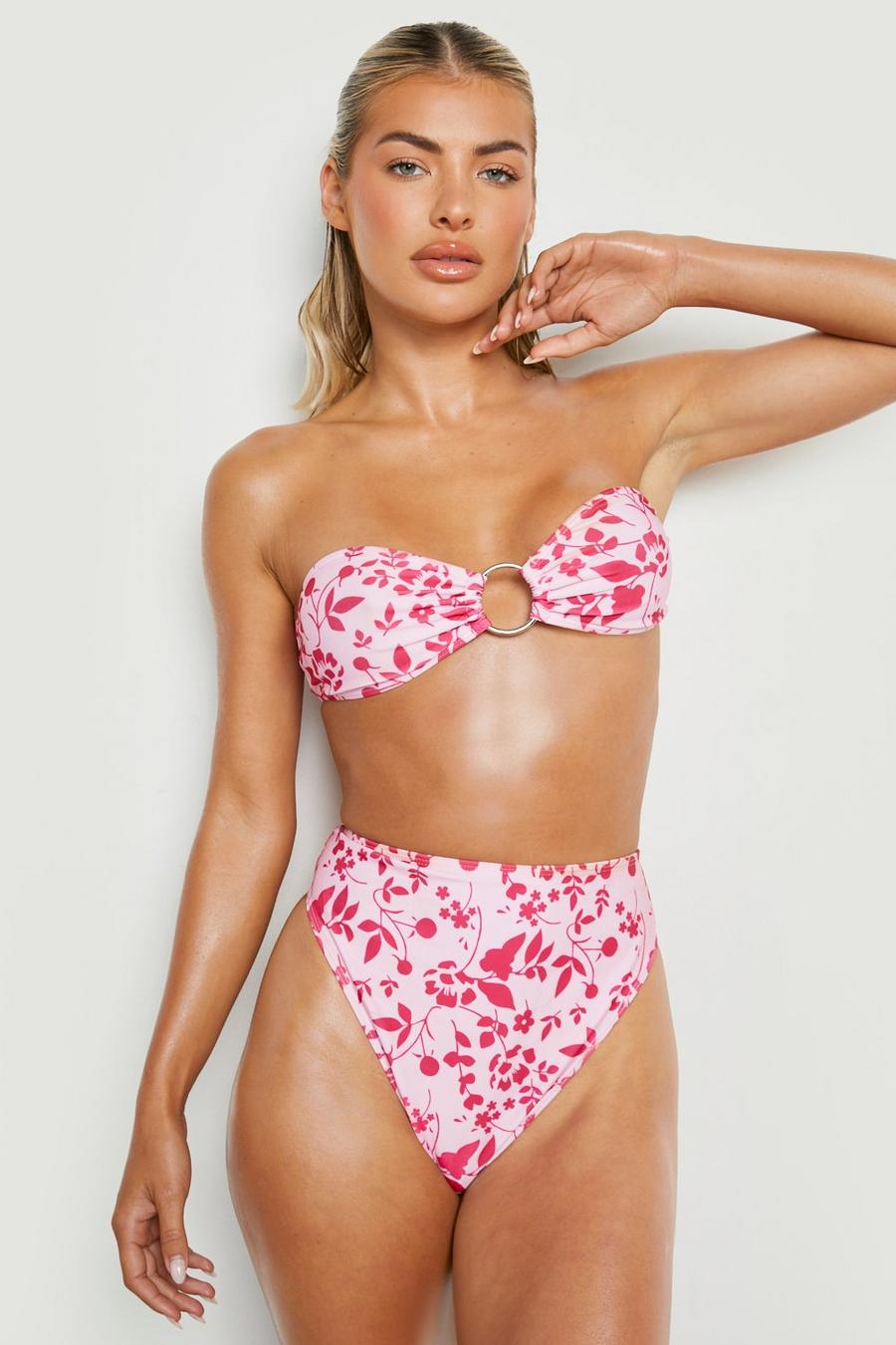 Top bikini a fascia a fiori con anello, Pink rosa image number 1