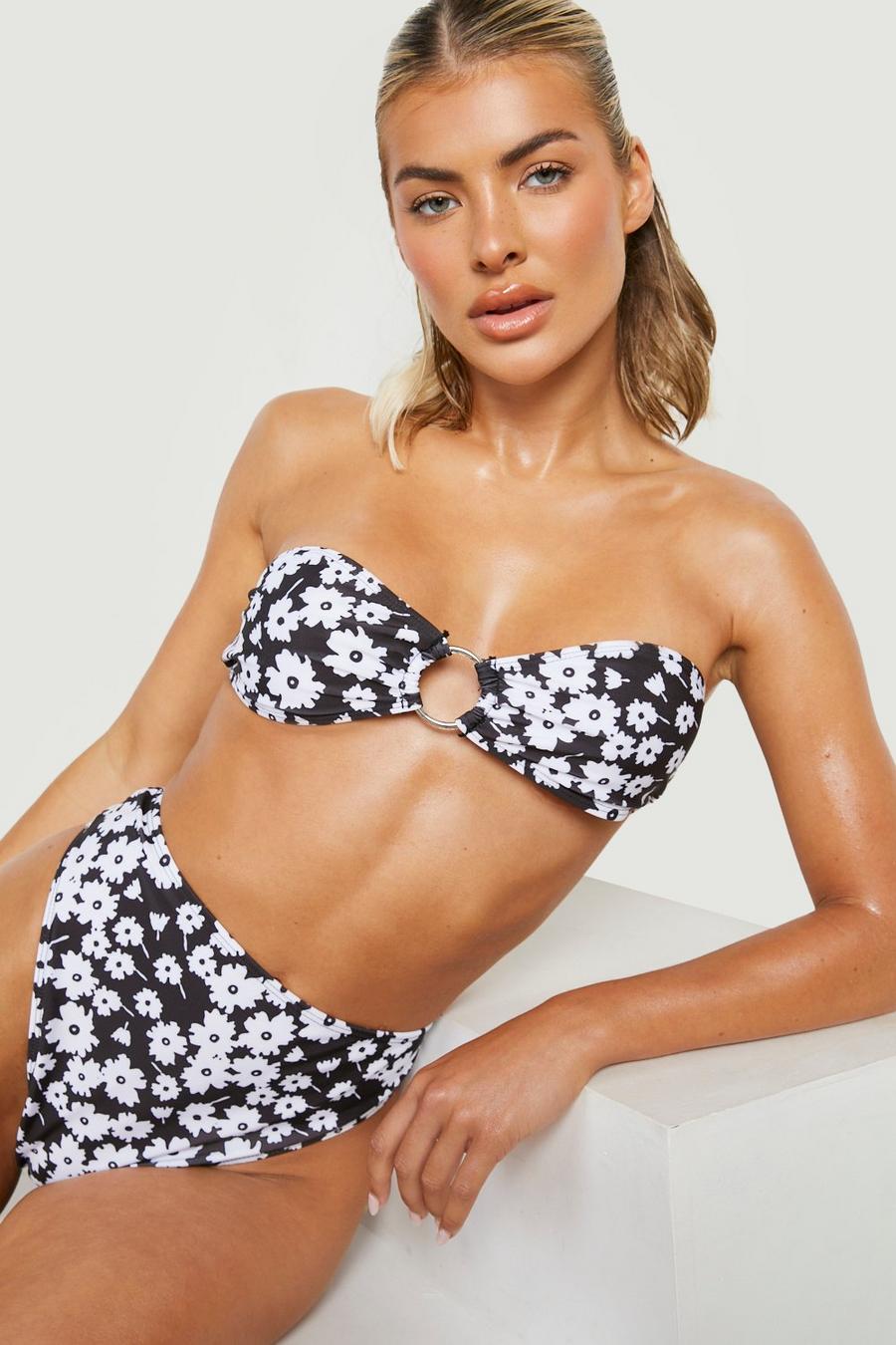 Braguita de bikini con cintura alta y estampado de flores, Black image number 1