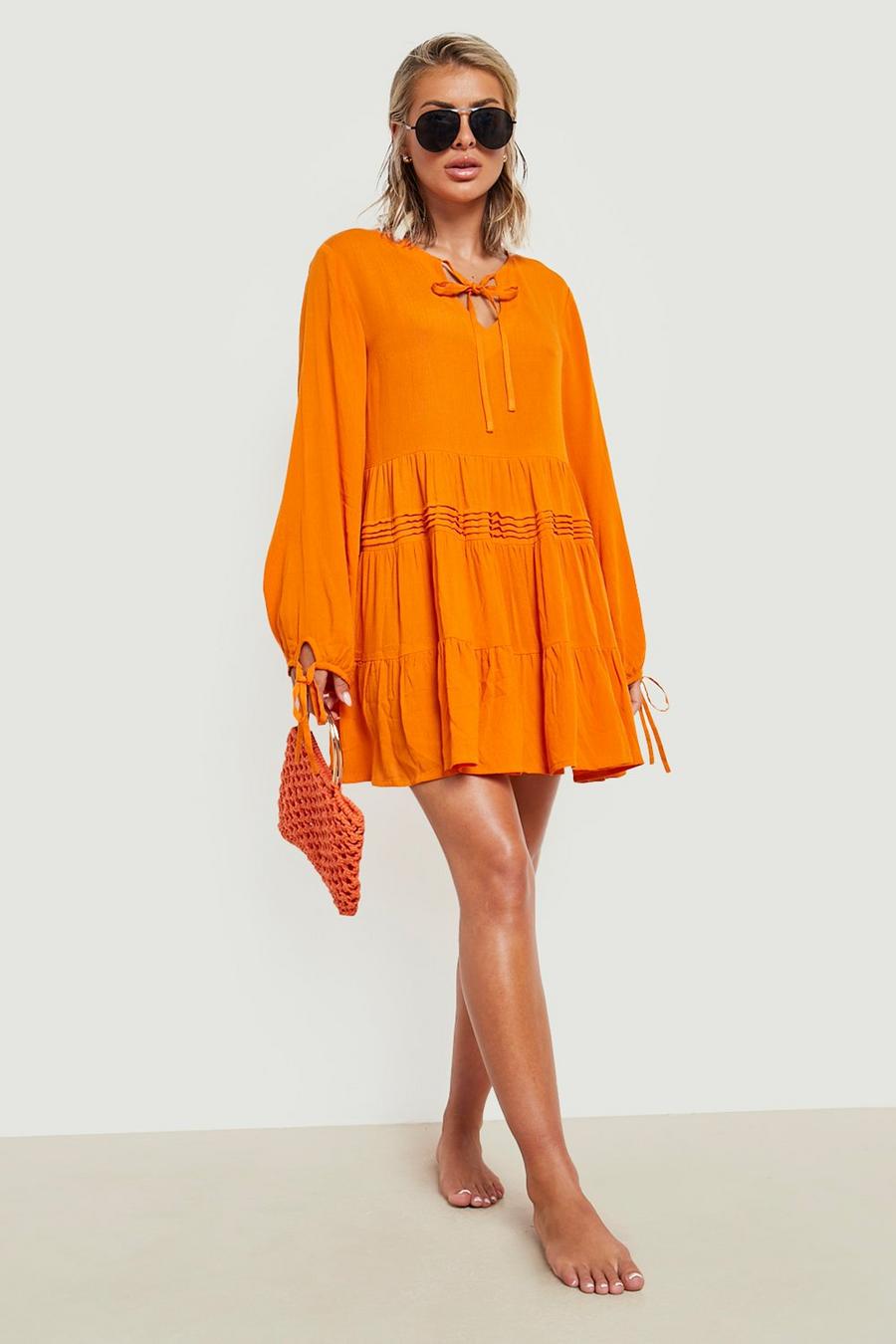 Orange Cheesecloth Oversized Tiered Mini Beach Dress image number 1