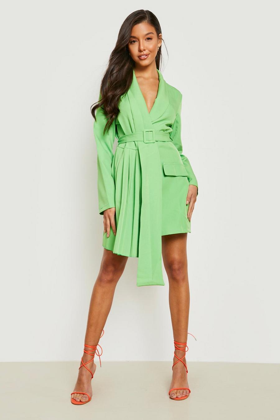 Green Pleated Wrap Blazer Dress