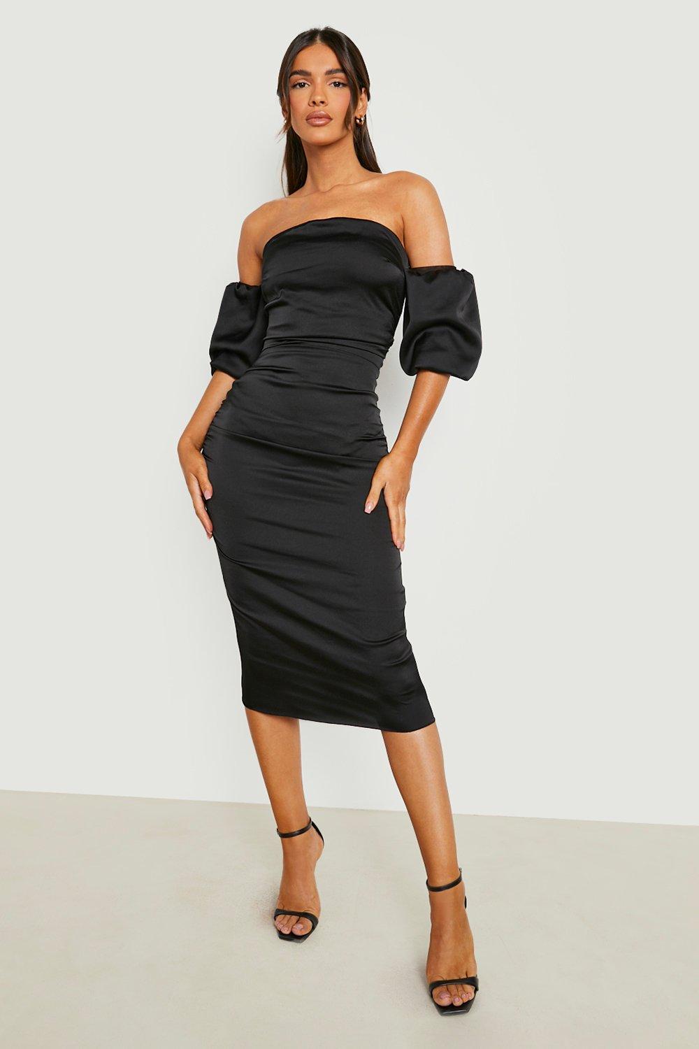 Black ruched cold shop shoulder midi dress