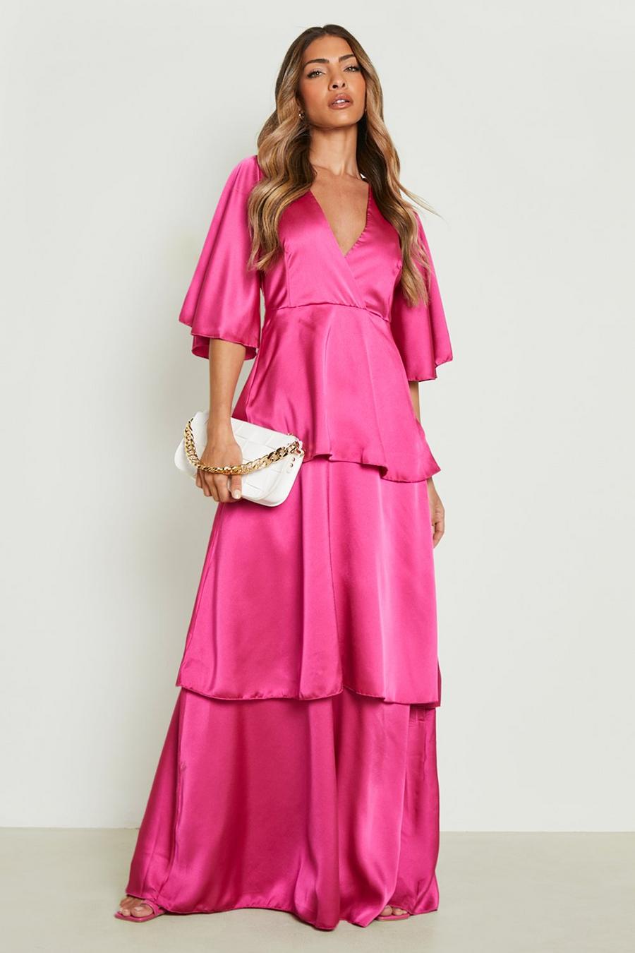 Cerise Satin Tiered Maxi Dress With Angel Sleeve image number 1