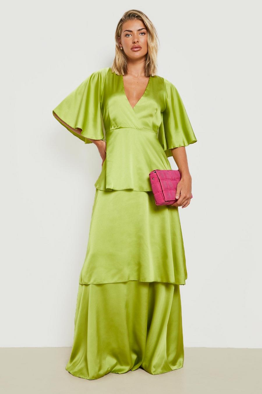 Chartreuse Satin Tiered Maxi Dress With Angel Sleeve