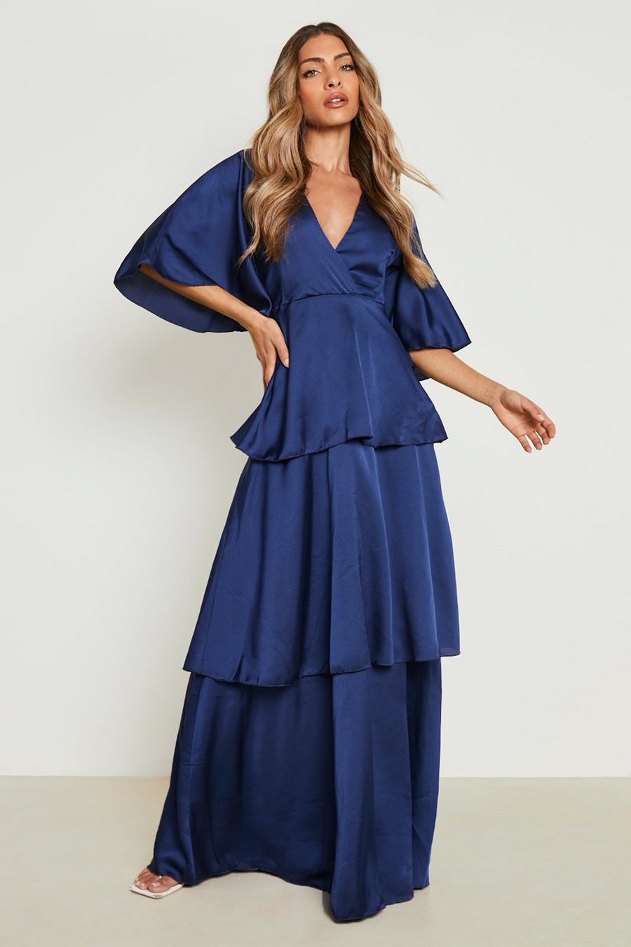 Navy Satin Tiered Maxi dress K60K609313 With Angel Sleeve  image number 1