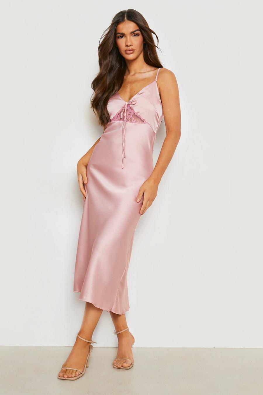 Vestido midi de raso y encaje en contraste, Blush rosa image number 1