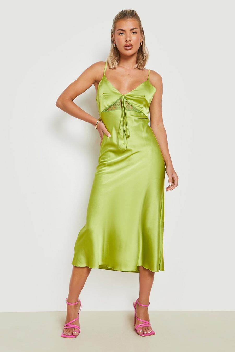 Chartreuse jaune Satin Lace Contrast Midi Dress  image number 1