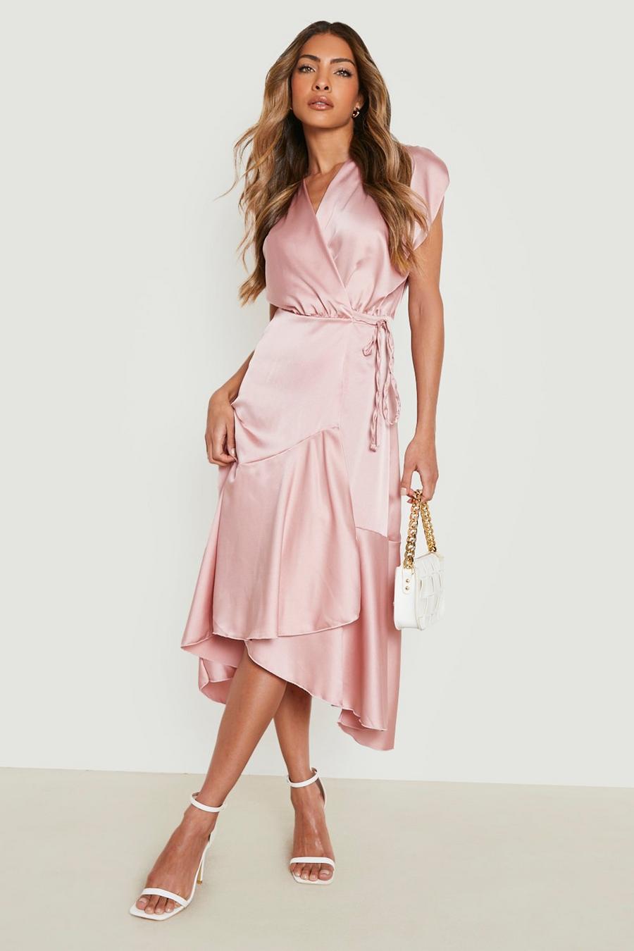 Blush pink Satin Wrap Ruffle Midi Dress