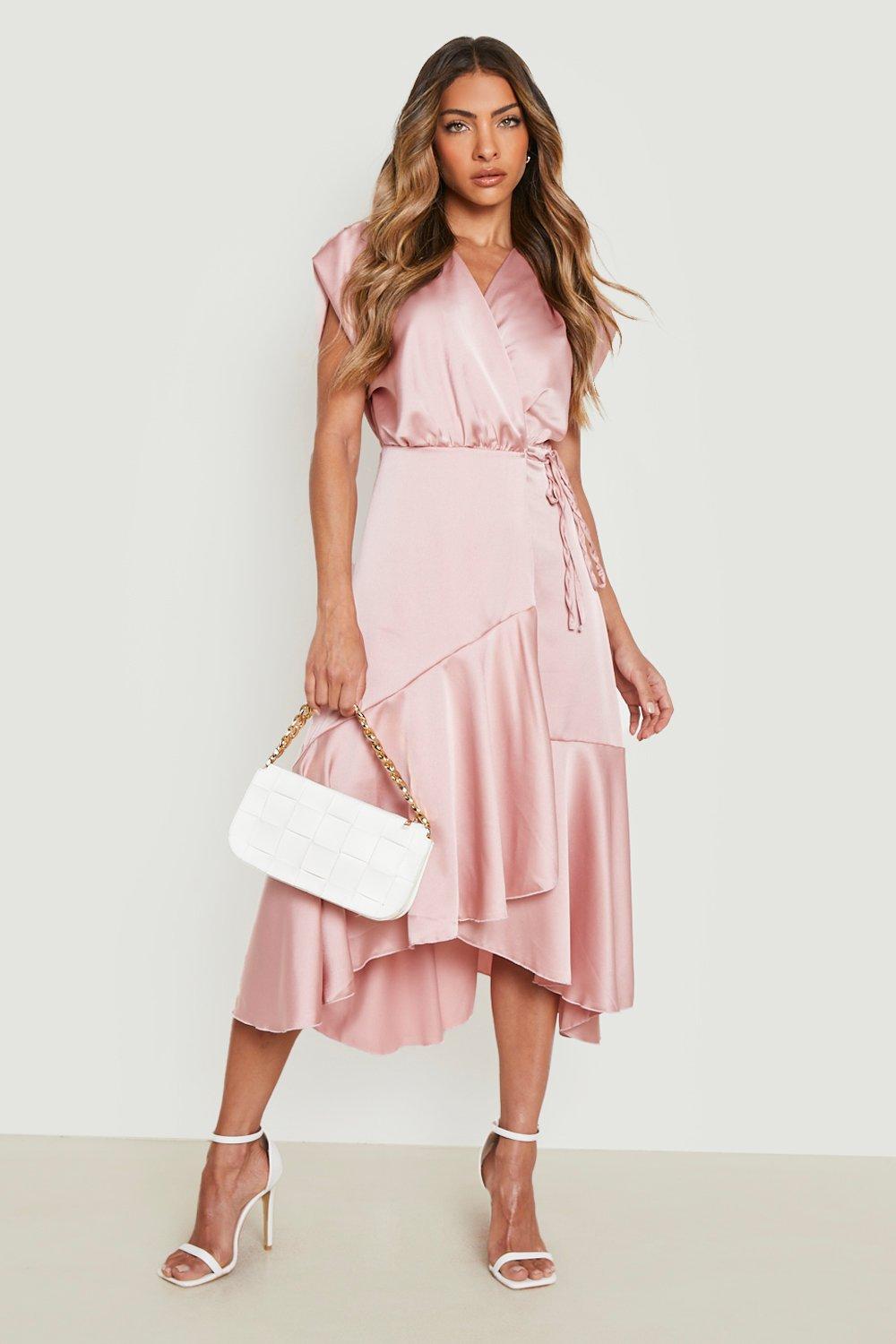 Satin Wrap Ruffle Midi Dress