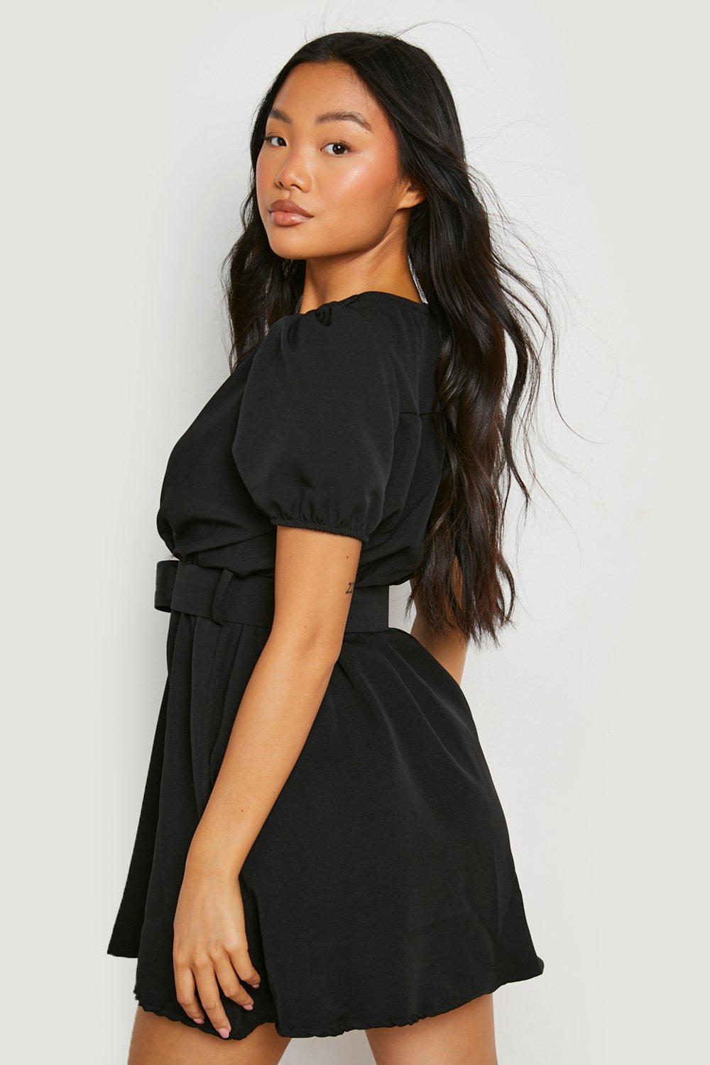 Black short outlet sleeve skater dress