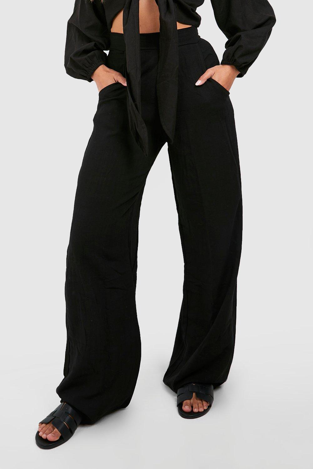 black linen straight leg trousers