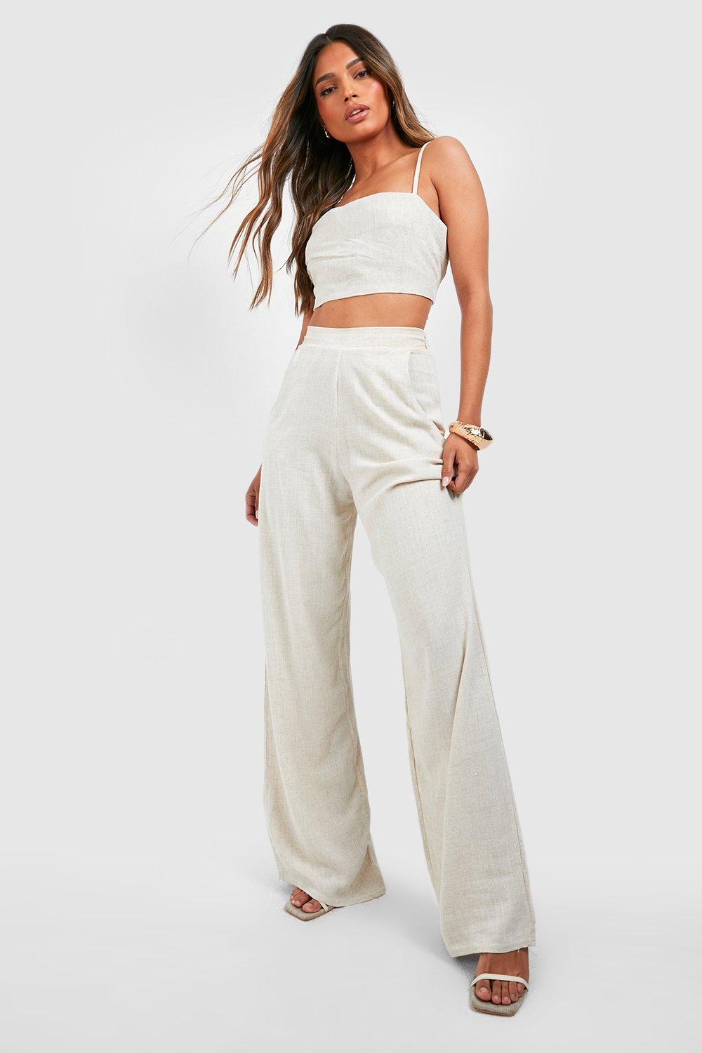 Linen Textured Straight Leg Trousers boohoo UK