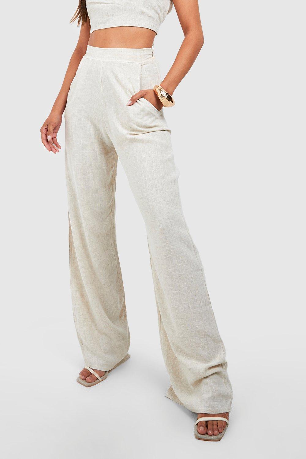 Women's Linen Textured Straight Leg Trousers | Boohoo UK