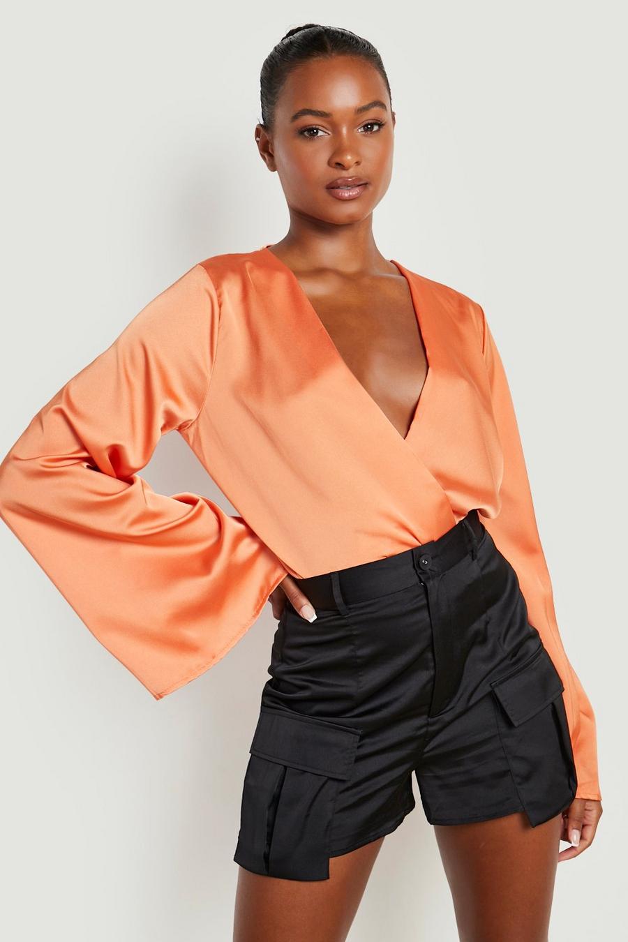 Orange Tall Flare Sleeve Satin Bodysuit image number 1