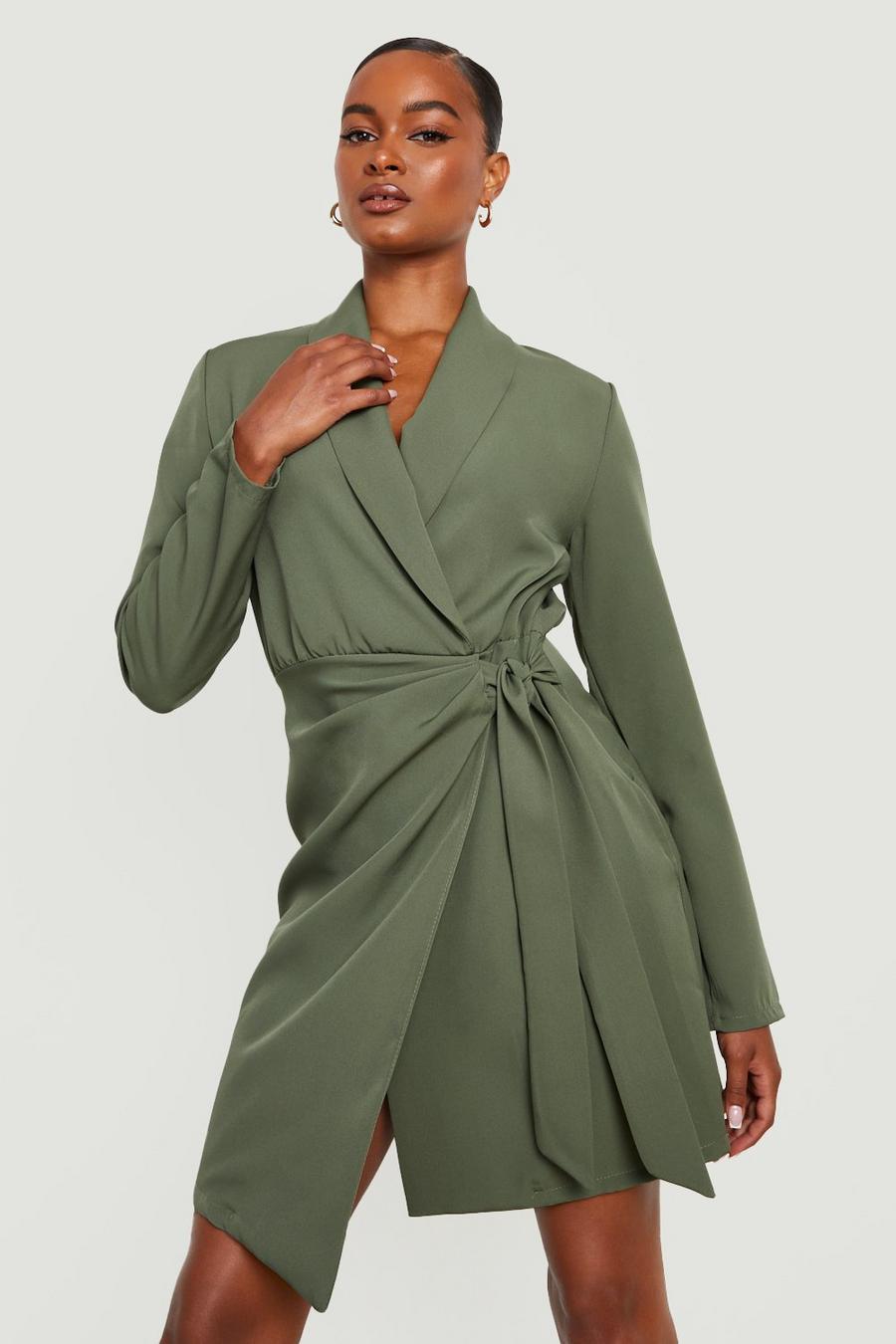 Olive Tall Woven Ruched Side Tie Blazer Dress image number 1