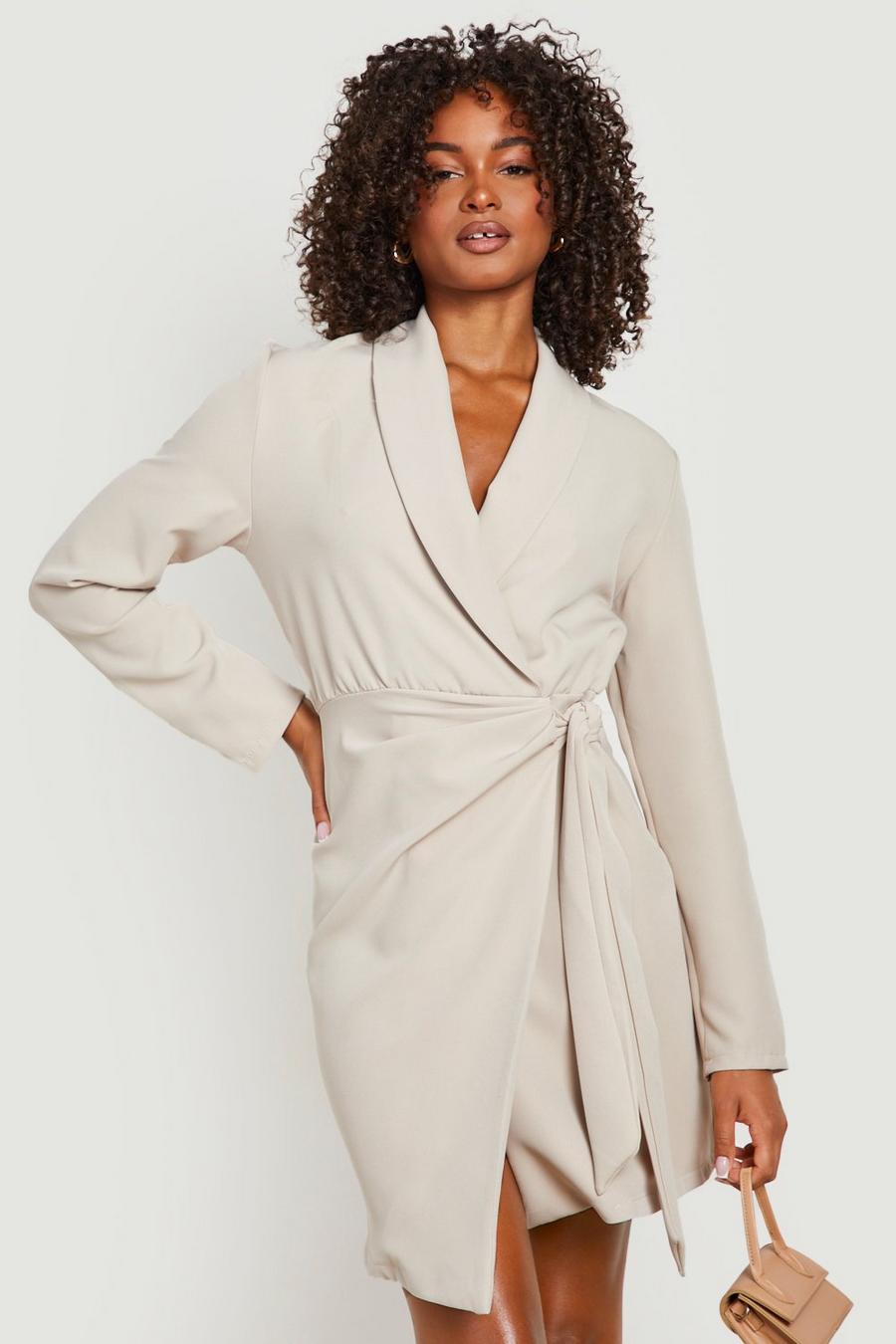 Stone beis Tall Woven Ruched Side Tie Blazer Dress