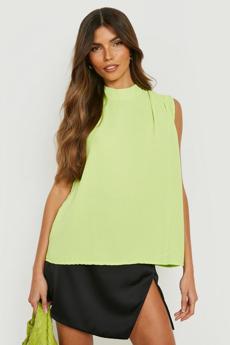 Soft lime yellow Hammered Drape Shoulder Tie Back Blouse