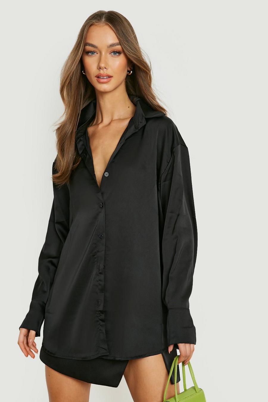 Black Satin Deep Cuff Relaxed Fit Shirt image number 1