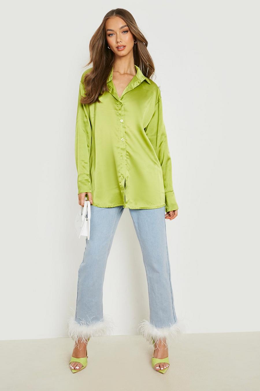 Chartreuse Satin Deep Cuff Relaxed Fit Shirt image number 1