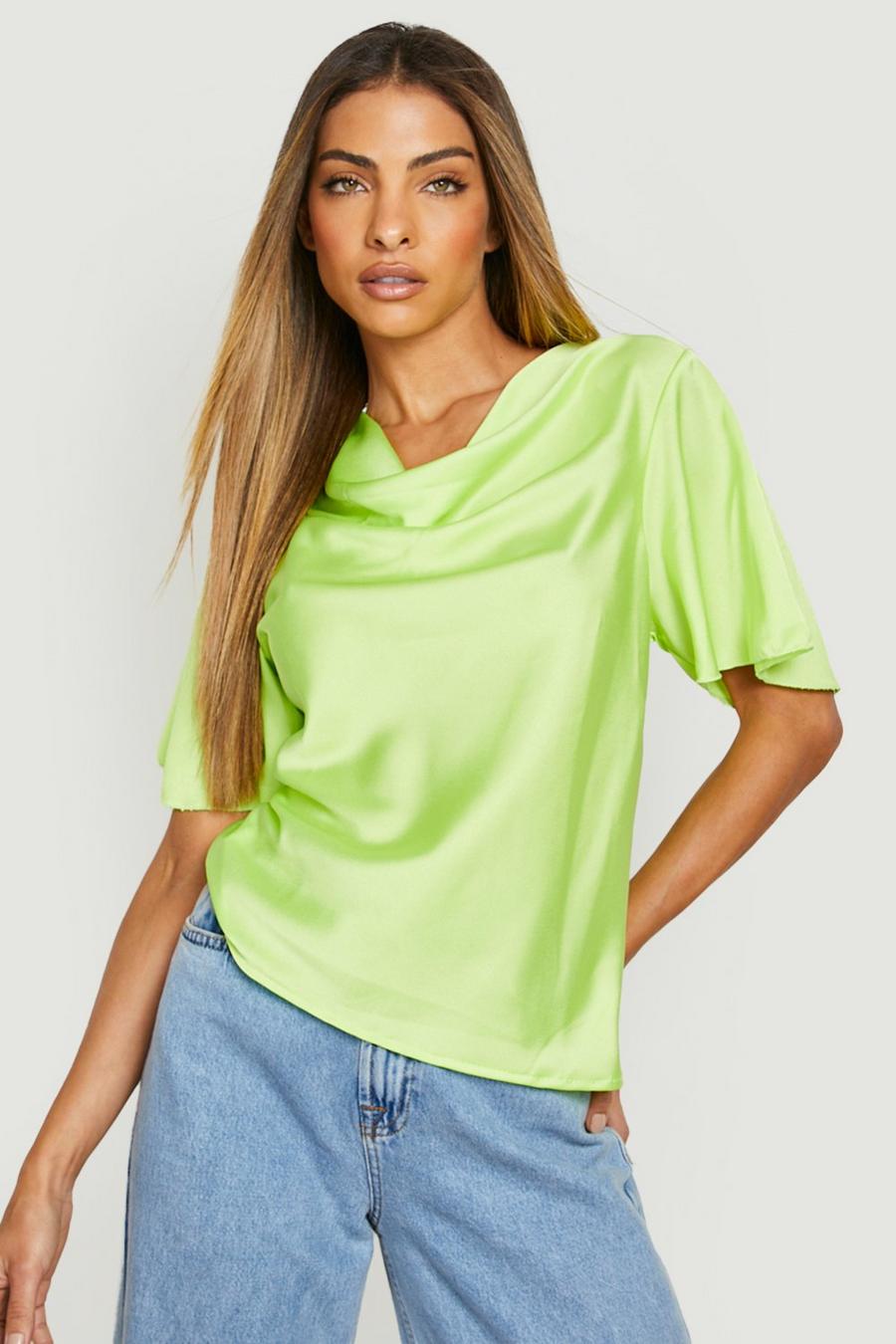 Soft lime Satin Cowl Flared Sleeve Blouse  image number 1