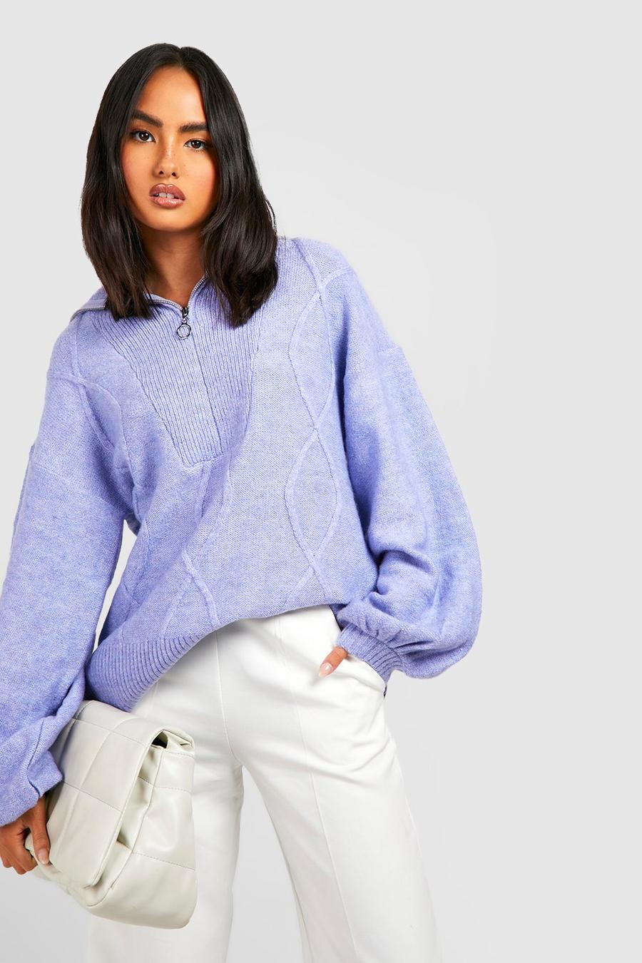 Powder blue Balloon Sleeve Half Zip Knitted Sweater image number 1