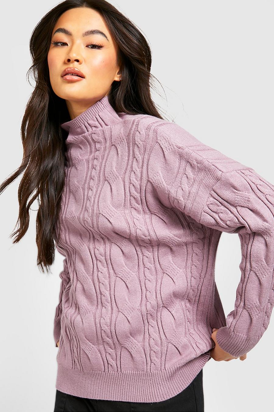 Mauve Cable Knit Funnel Neck Sweater image number 1