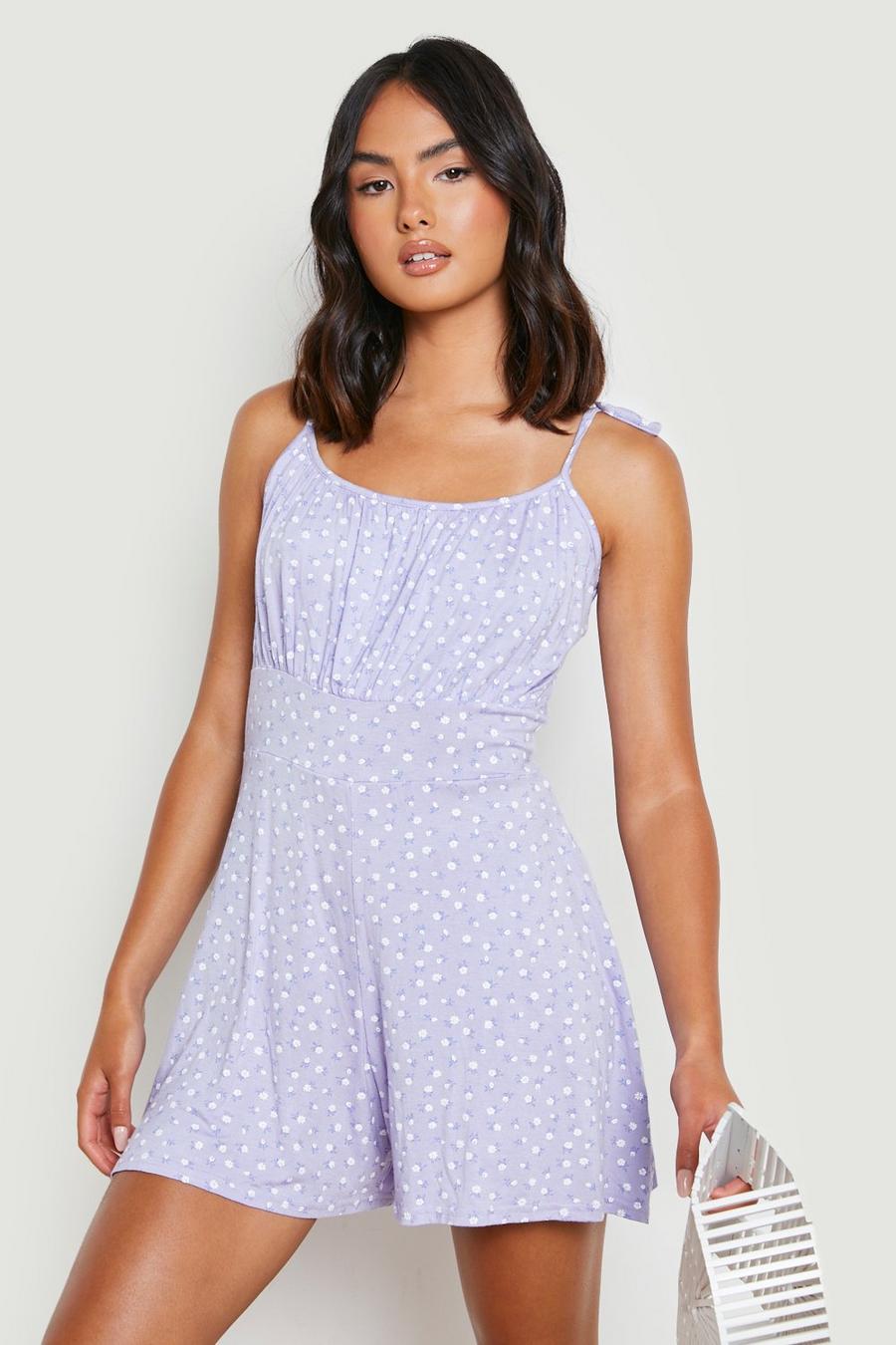 Lilac Floral Strappy Shirred Bust Flippy Playsuit image number 1