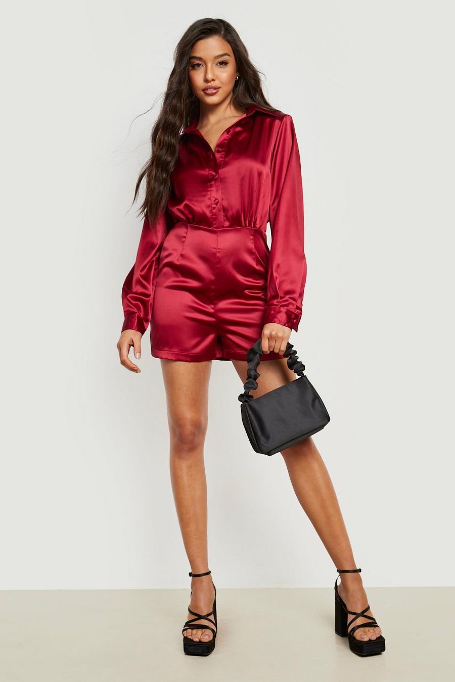 Berry red Satin Long Sleeve Shirt Playsuit
