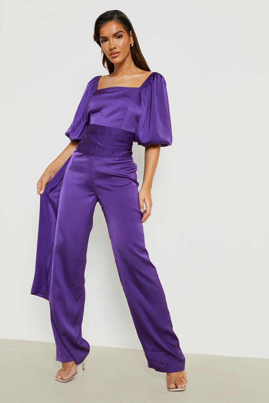 Jewel purple Satin Puff Sleeve Wife Leg Jumpsuit image number 1